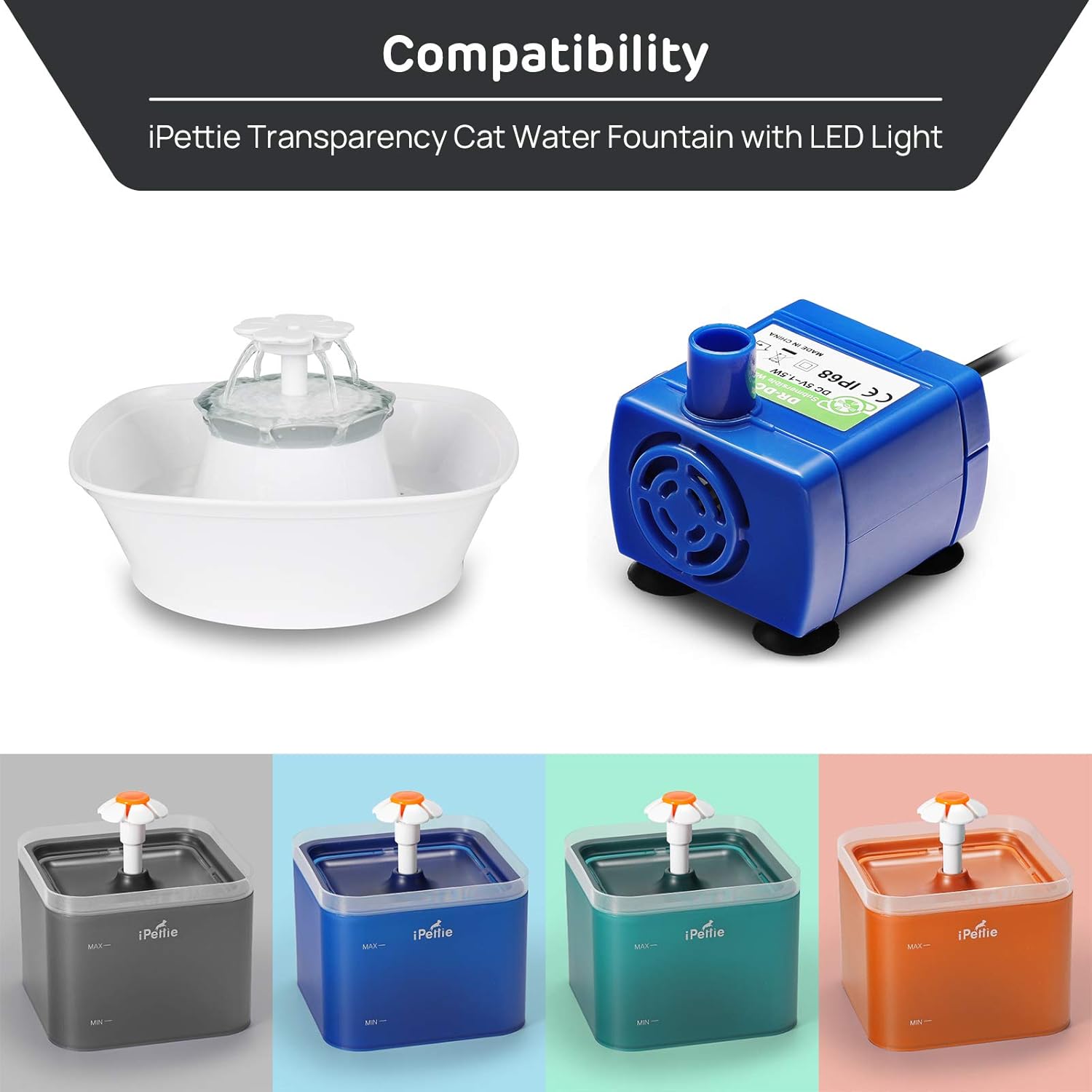 iPettie Cat Water Fountain Pump with LED Light for Neverland Cat Water