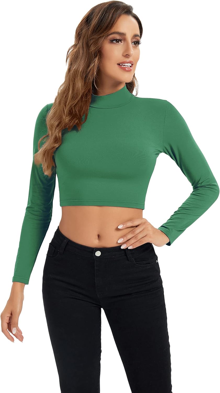 Womens Long Sleeve Crop Tops Lightweight Mock Neck Base Layer Shirts - Image 4
