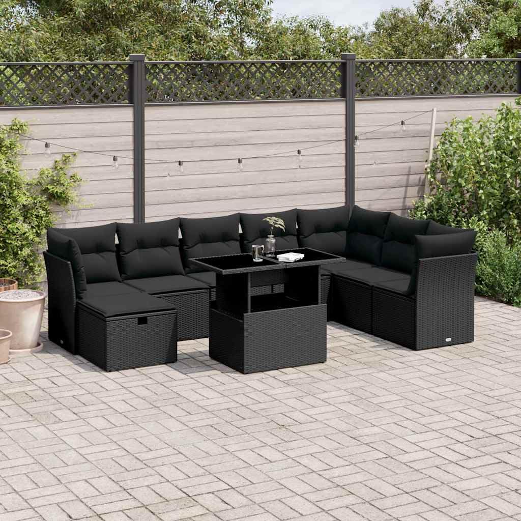 Salon de Jardin 9 Places avec Coussins Noir résine tressée Ensemble modulable Table relevable canapé d Angle extérieur Patio terrasse Housse Amovible Lavable UV résistant