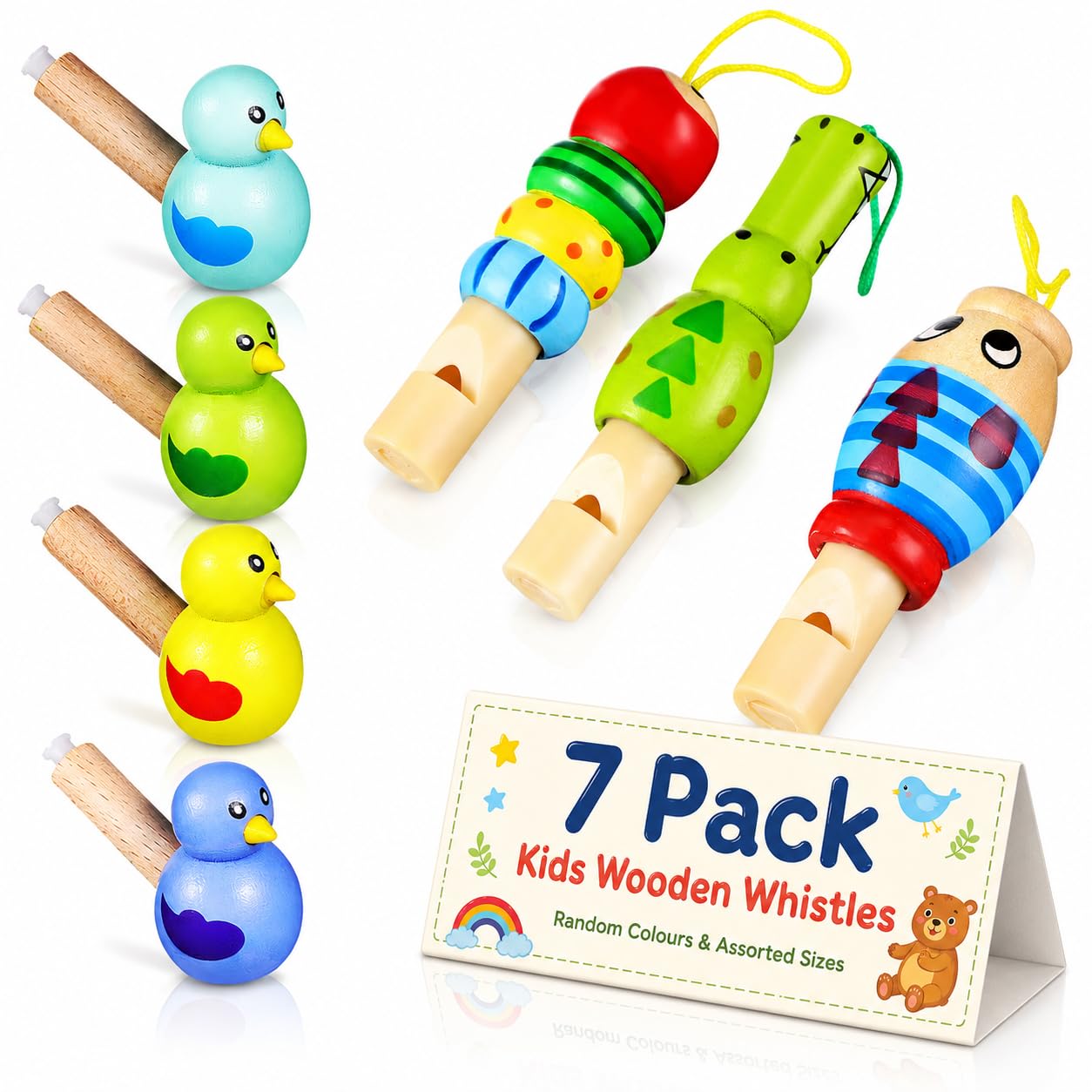 NUOBESTY 7Pcs Kids Wooden Whistles, Bird Whistle & Cartoon Animal Set Musical Toy Party Bag Fillers Pass the Parcel Prizes for Kids and Children (Random Colours, Assorted Sizes)