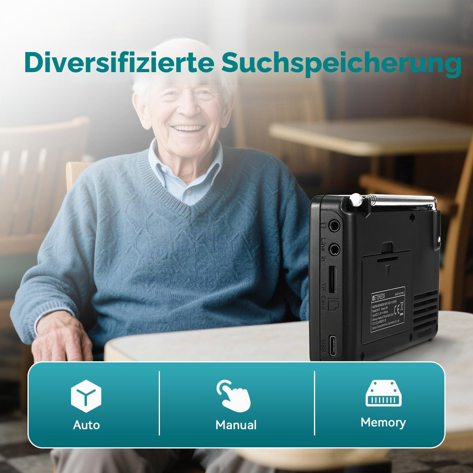 Retekess V115 Tragbares Digitales Radio,Petite Radio Rechargeable,Radio AM FM SW,1000mAh Wiederaufladbare,100 Stationsspeicher,3 Aufzeichnungsmodus,für Familie,Outdoor,Garten(Noir)