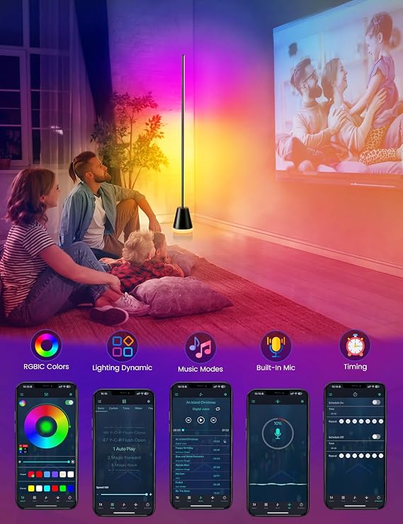 Smart LED Floor Lamp, RGBIC Corner Lamp with Luminous Base, 200+ Scene | App & Remote Control 16 Million Colors with Music Sync and Timer, Dimmable Standing Lamp for Living Room Bedroom Gaming Room [Energy Class A]