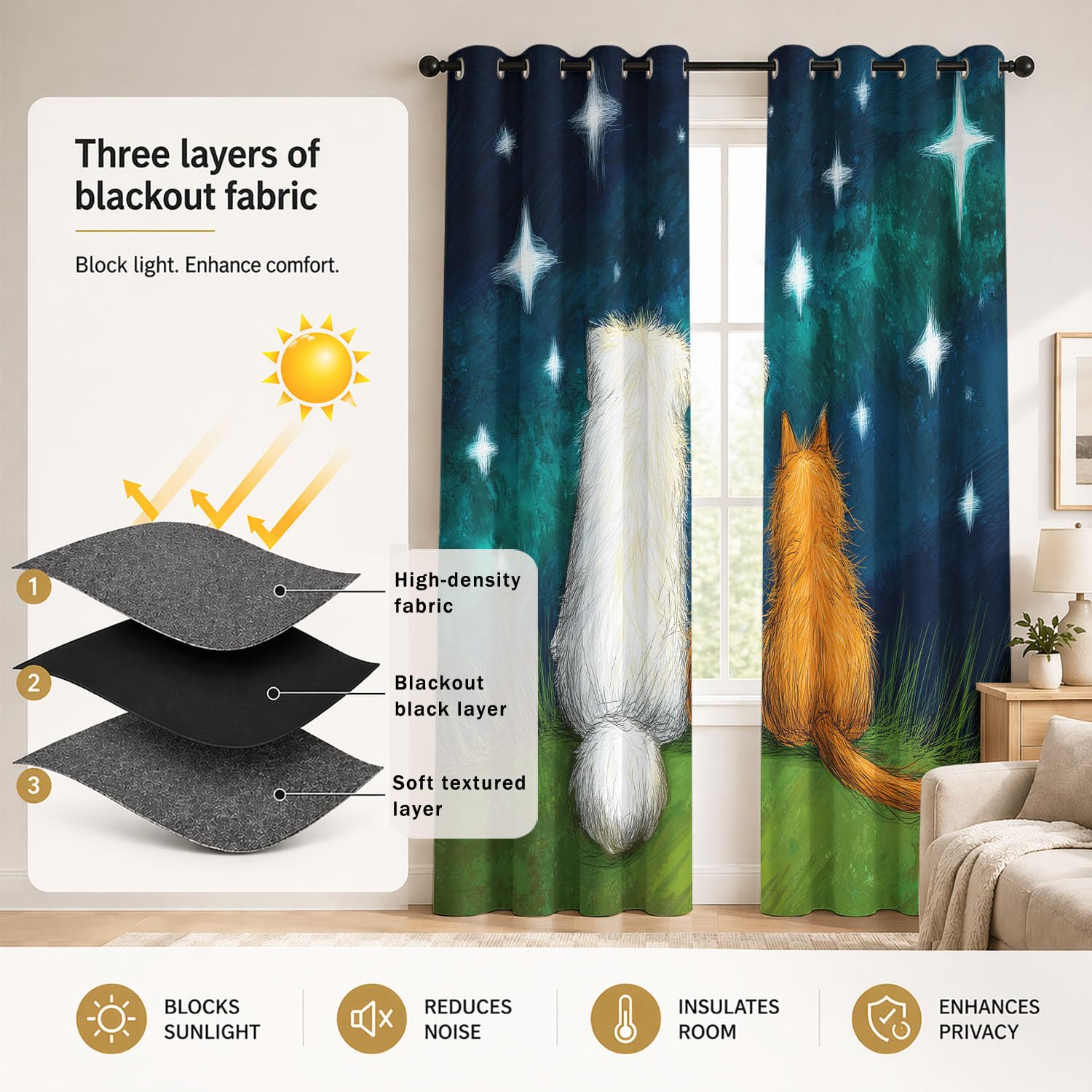 Genérico Cortinas Opacas Oscurecer Ilustración Infantil Cortinas Decor Dormitorio Infantil Animales Perros Lindos Gatos Cielo Estrellado Hierba Romántico Amistad Cortina Térmicas Azul Oscuro 140x245