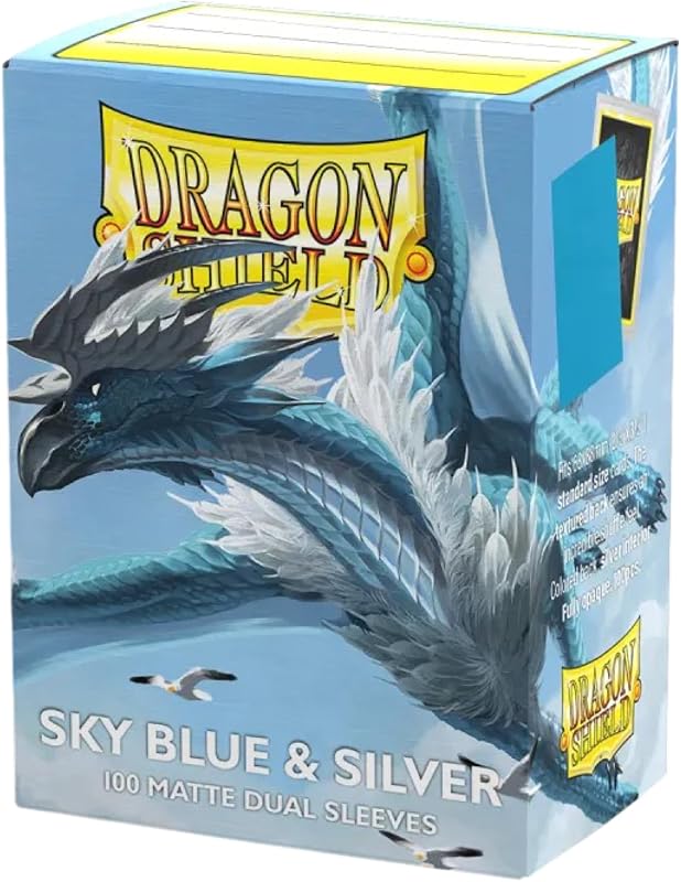Escudo del Dragón | Fundas para tarjetas dobles mate de tamaño estándar | 100 ct - Fundas TCG premium suaves y resistentes - Compatible con Pokémon, One Piece y Magic: The Gathering | Azul cielo y plata