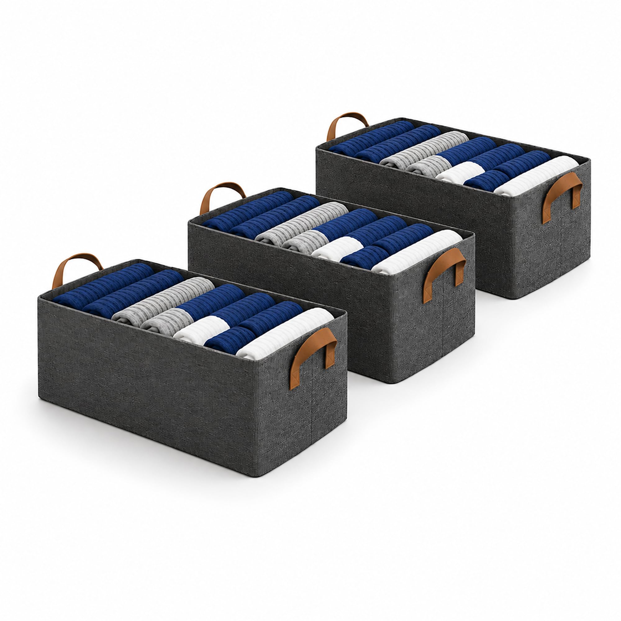 DALUCI 3 Pcs Wardrobe Organizer for Clothes – Foldable Fabric Storage Box with Metal Frame | Storage Basket for Almirah, Cupboard, Jeans & Sweaters (Grey)