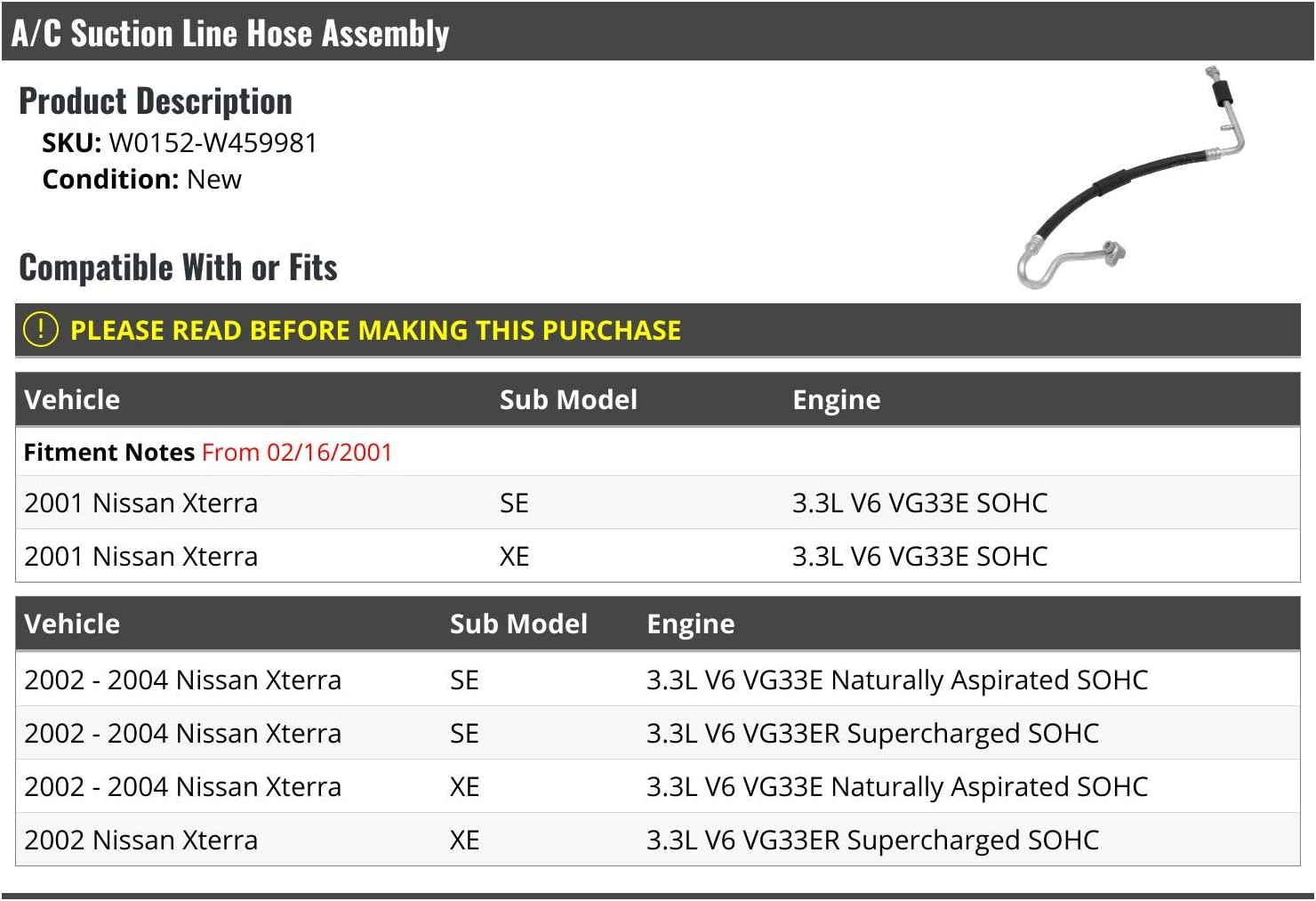 Marketplace Auto Parts A/C Suction Line Hose Assembly - Compatible with 2001-2004 Nissan Xterra 3.3L V6 (from 02/16/2001)