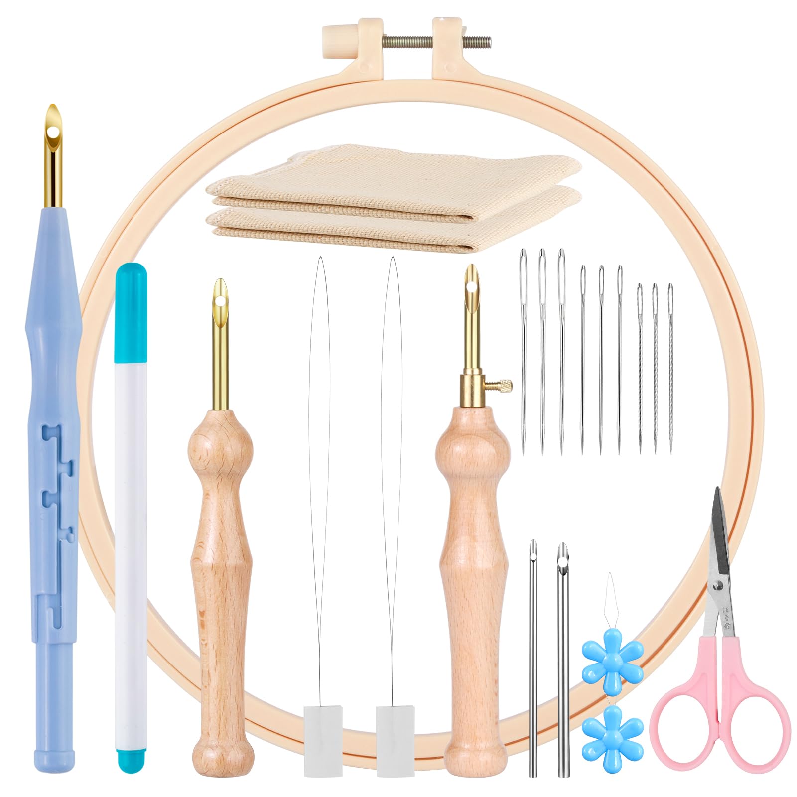 MSDADA 21 Pcs DIY Punch Needle Kit, Adjustable Rug Yarn Set, Wooden Handle Pens - Embroidery Sewing Cloth Threader Tools(Blue)