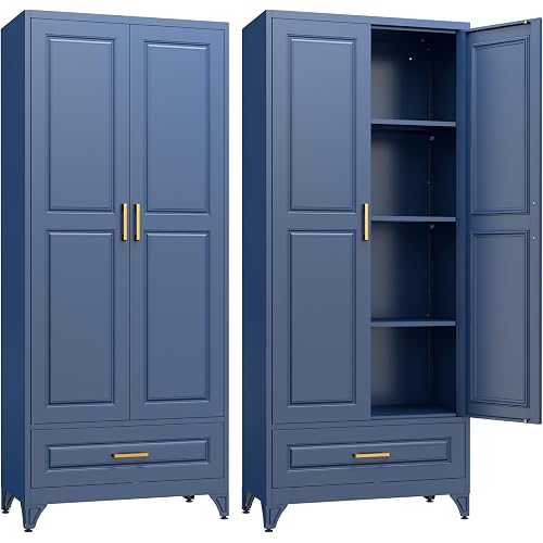 SteeLoong 75" Kitchen Pantry Cabinet with Drawer, Metal Storage Cabinets with Doors and 4 Adjustable Shelves,Blue Kitchen Cabinet with 2 Gold Handles,Food Cupboard for Livingroom,Pantry, Bathroom