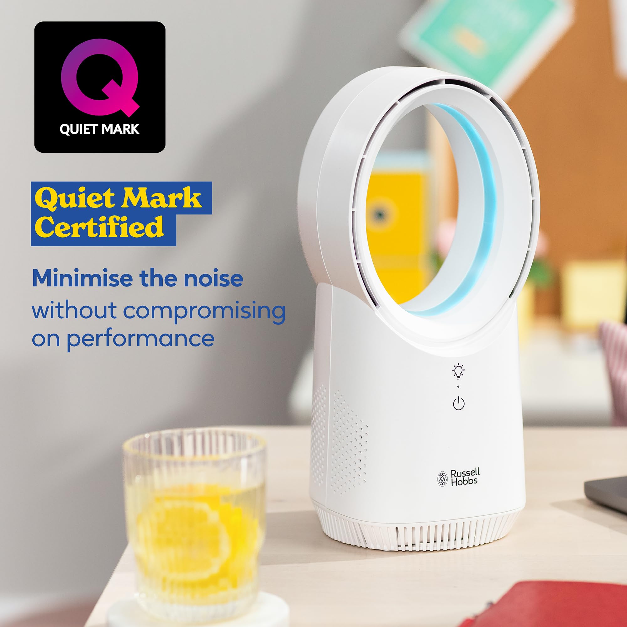 Russell Hobbs RHBLDLUSB25 Ventilateur de bureau silencieux sans pales avec éclairage ambiant, rechargeable par USB, batterie de 2 heures, 3 réglages de vitesse, ventilateur électrique portable 6 W,