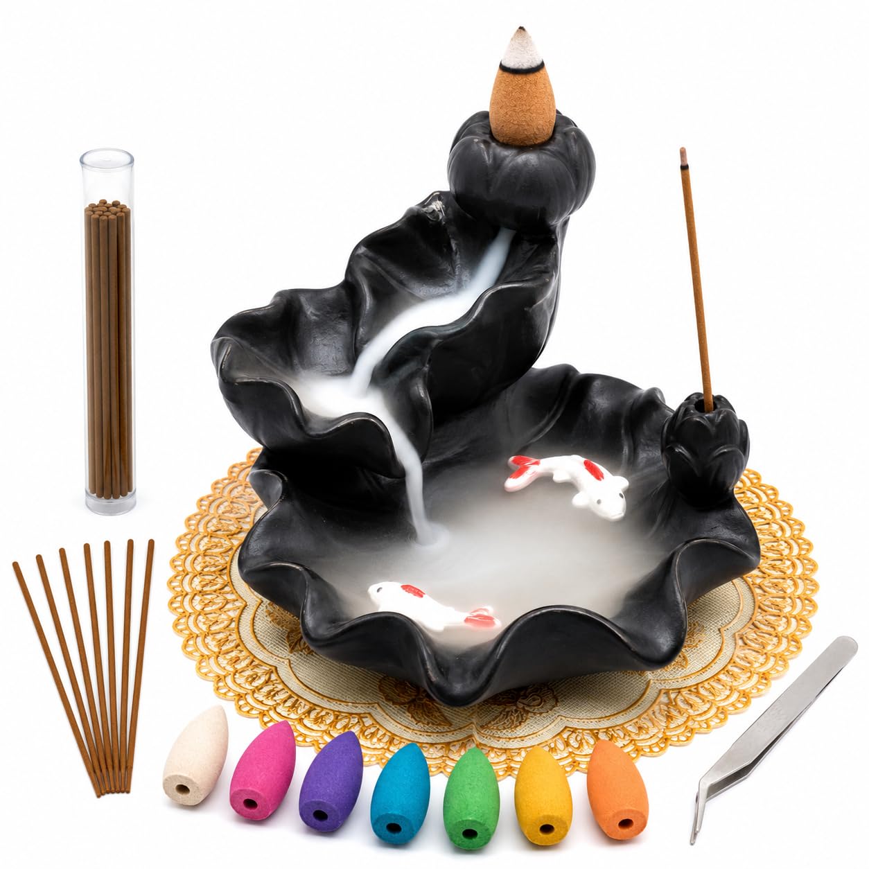 Ceramic Waterfall Backflow Incense Burner Holder, Home Aromatherapy Decoration Ornament with 30 Backflow Incense Cones and 50 Incense Sticks