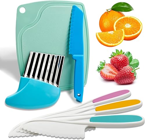 GzfunTeng Juego de 6 cuchillos para niños, cuchillo de seguridad para niños, incluye cuchillos seguros para niños, tabla de cortar, cortador de