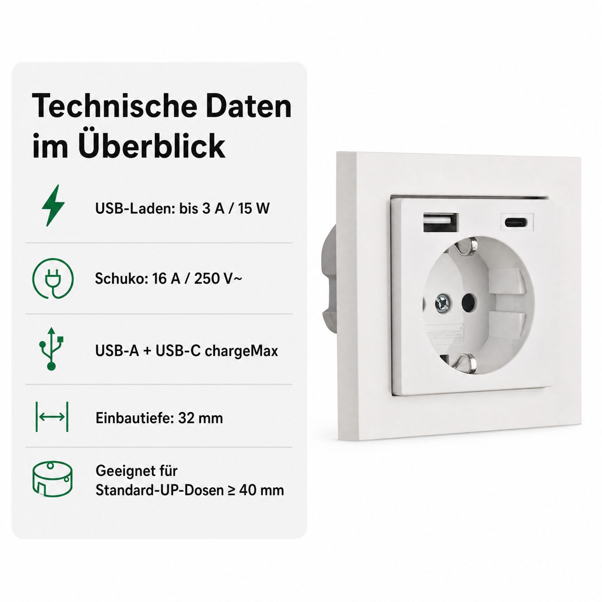 USB-Steckdose chargeMax unter Putz USB-A + USB-C mit Rahmen Ausführung 2USB, Tiefe nur 32mm, Set mit Abdeckung Gira E2 reinweiß matt