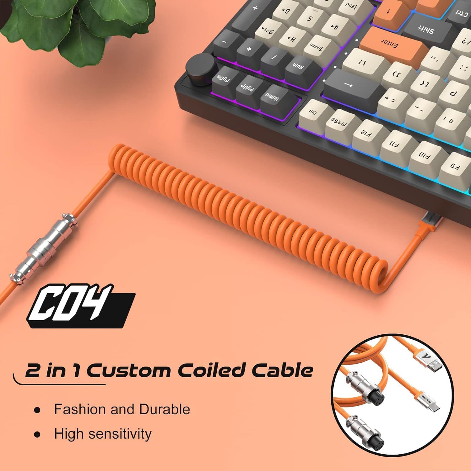 C04 2 in 1 Custom Coiled USB C Cable for Gaming Keyboard-Detachable Double Sleeve Spiral Cable with 5 Pin Aviator Connector for PS4,Xbox-USB A To Type C&Type C To Type C(1.62+3.28inch)-Orange