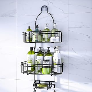 Hanging Shower Caddy Over Shower Head Organizer: Anti-Swing Bathroom Shower Storage Rack Basket with Soap Holder, Hooks - Rustproof Shower Shelf for Shampoo, Conditioner, Body Wash