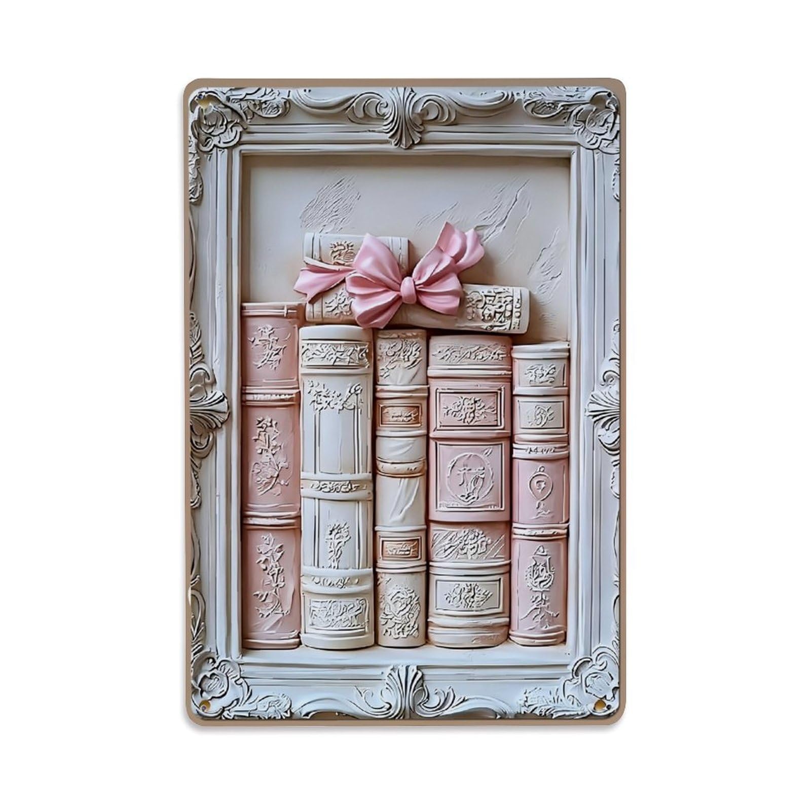 Jdfenggu Vintage Ornate Books With Pink Bow Retro Metal Tin Sign, Metal Poster For Bar, Home, Man Cave, Kitchen, Laundry Room Art Decor 8X12 Inch