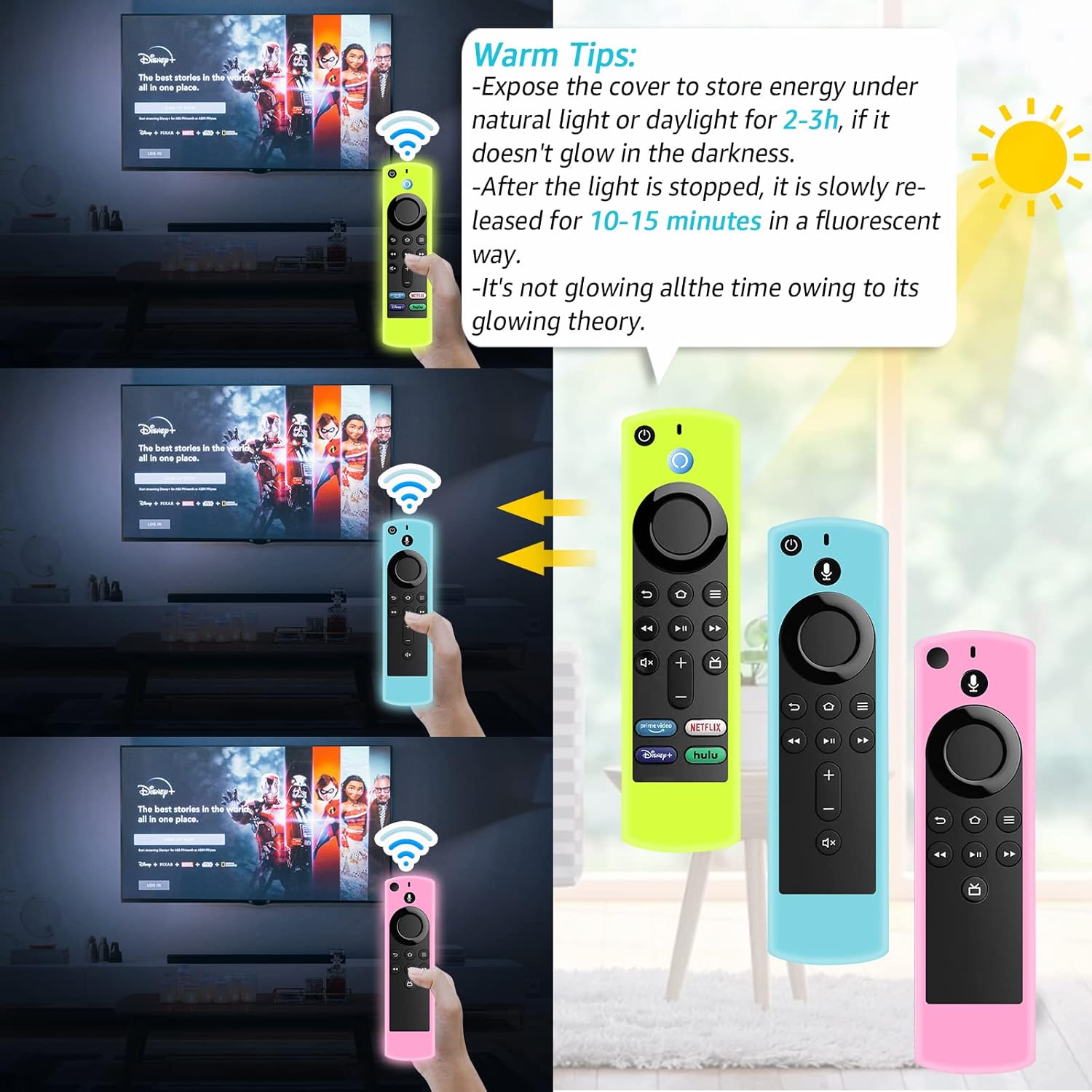 Imaictuu (3PCS) Silicone Remote Cover Case(3rd Gen)(2021 Release),Stick 4k Remote Cover,Streaming Stick Cover,Light Weight,Anti Slip,Shock Proof(Glow Blue+Glow Yellow+Glow Pink) : Electronics