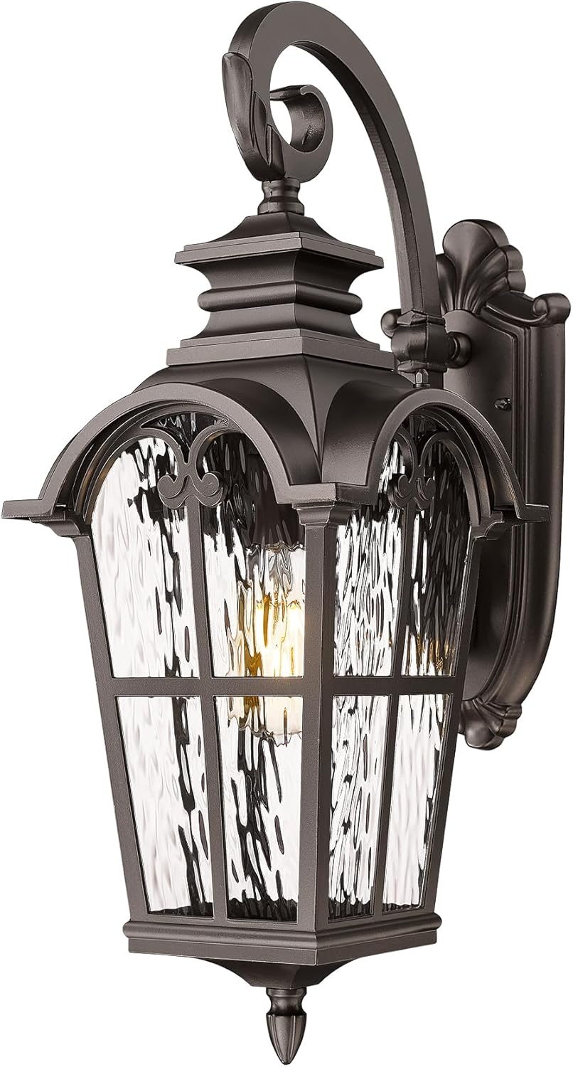 Emliviar 25 Inch Farmhouse Outdoor Wall Sconce Light, Outside Wall Lantern Light in Oil Rubbed Finish with Water Ripple Glass, WE215BM-SW ORB