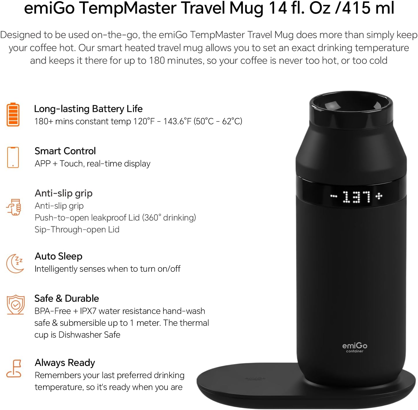 emiGo TempMaster Smart Heated Mug, 14 oz, App Ctrl 120-144°F(Black) image 5