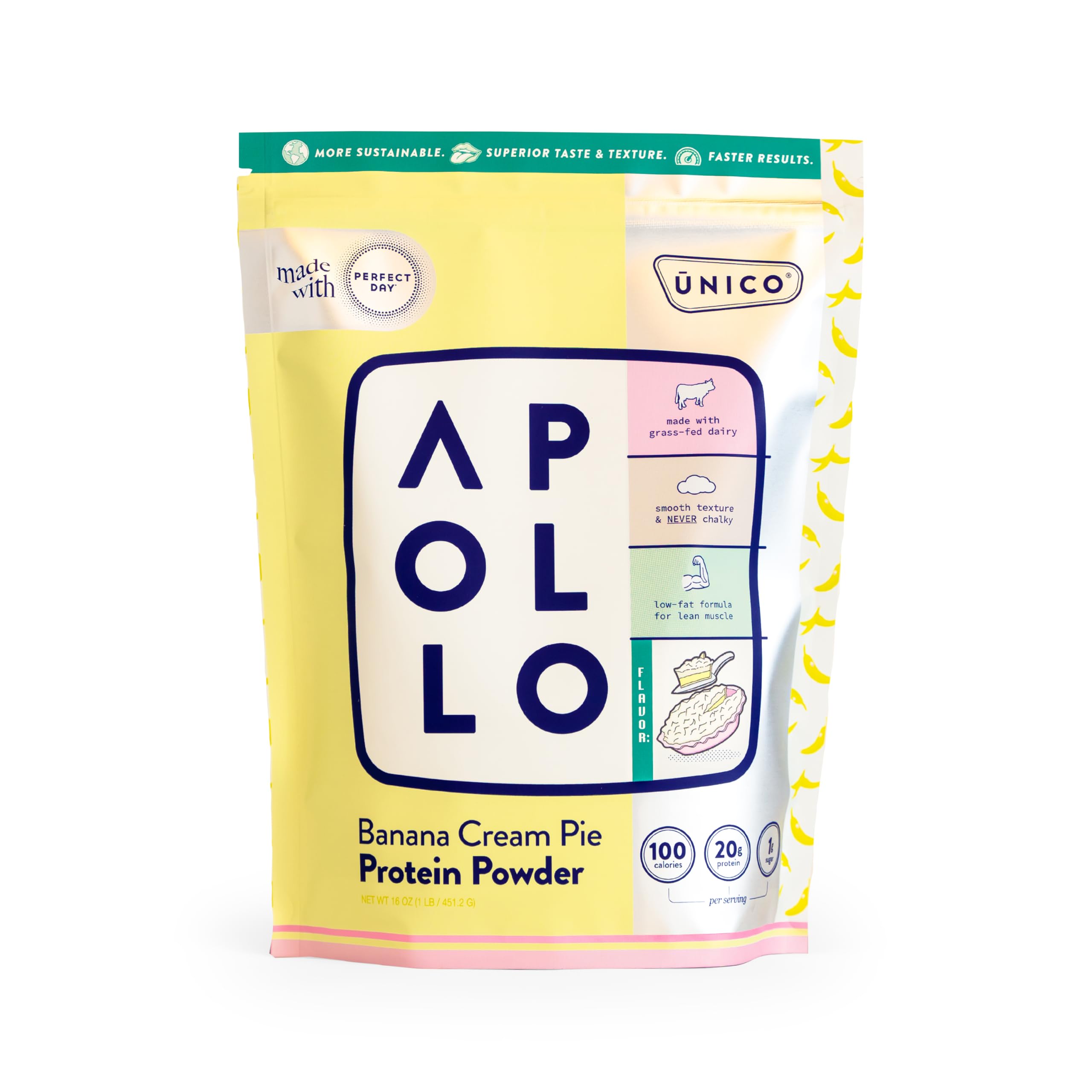 Unico Apollo Banana Cream Pie Protein Powder - 20g Whey, Casein, Egg White Formula | Keeps You Full for 6 Hours | Decadent Flavor & Non-Chalky Texture | 100 cals per Serving