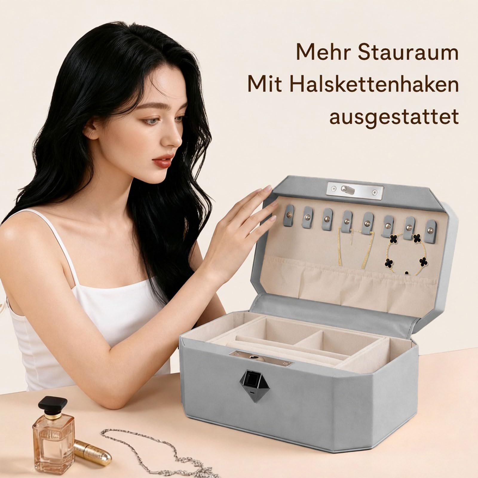 Coffre-fort à bijoux, coffre-fort biométrique pour empreintes digitales, boîte à bijoux enveloppée de cuir avec serrure, accès rapide et entrée sans clé (deux niveaux, gris)