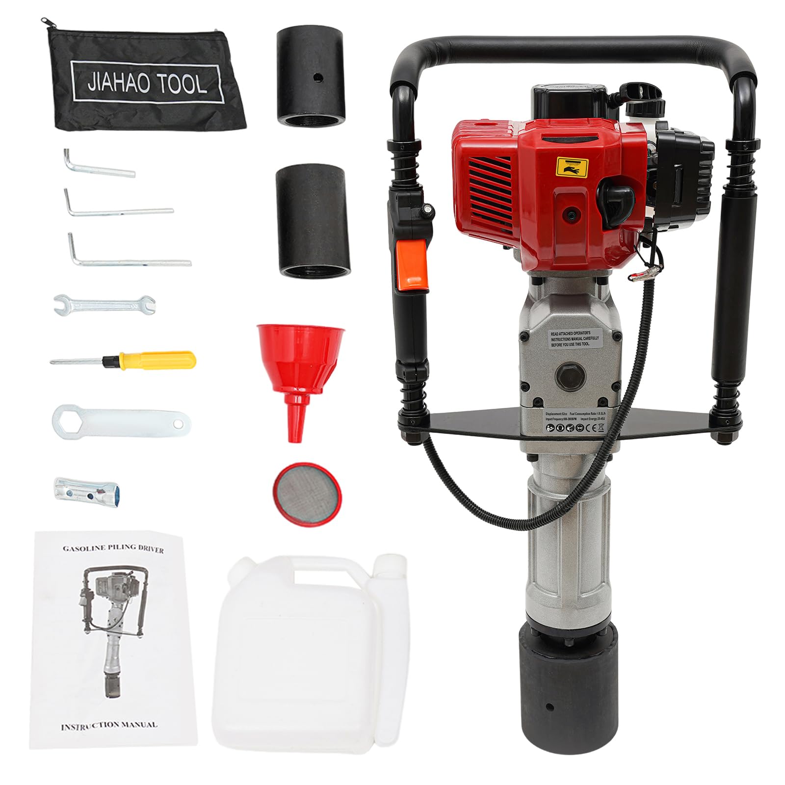 BJTDLLX T Post Driver - 2 Stroke 52cc 1900W 6500RPM Gas Powered, Air Cooling, Single-cylinder Fence Post Driver for Garden Fencing Farming, With 3