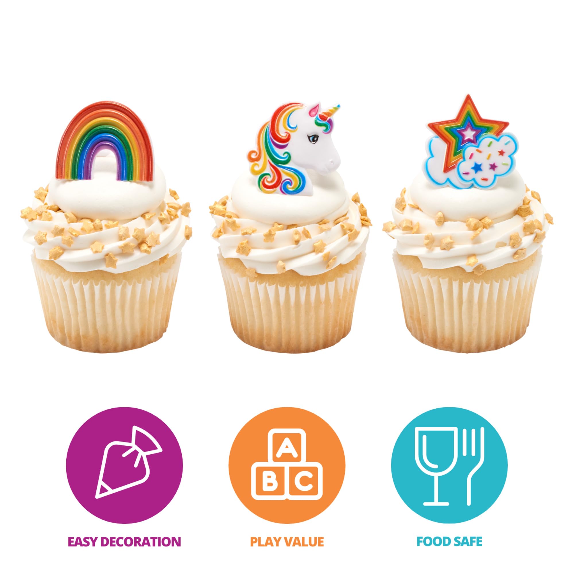 DecoPac Rainbow Unicorn Rings, Cupcake Decorations, Magical Food Safe Cake Toppers, Multi-Coloured – 24 Pack