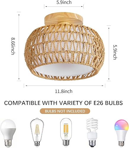 Miniatura 3 de Lámpara de techo de ratán, 3 opciones de estilo, luces de techo bohemias de montaje empotrado, candelabro de ratán tejido a mano, mini lámparas de