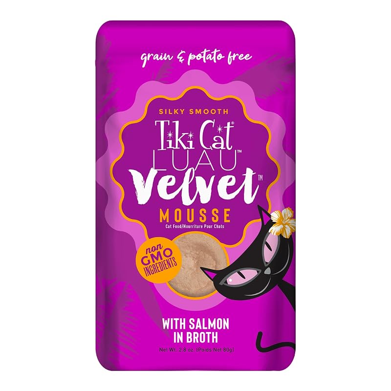 Ração Úmida para Gatos Tiki Cat Luau Velvet Mousse com Salmão, sem Grãos, Sachê 79 g — Pacote com 12