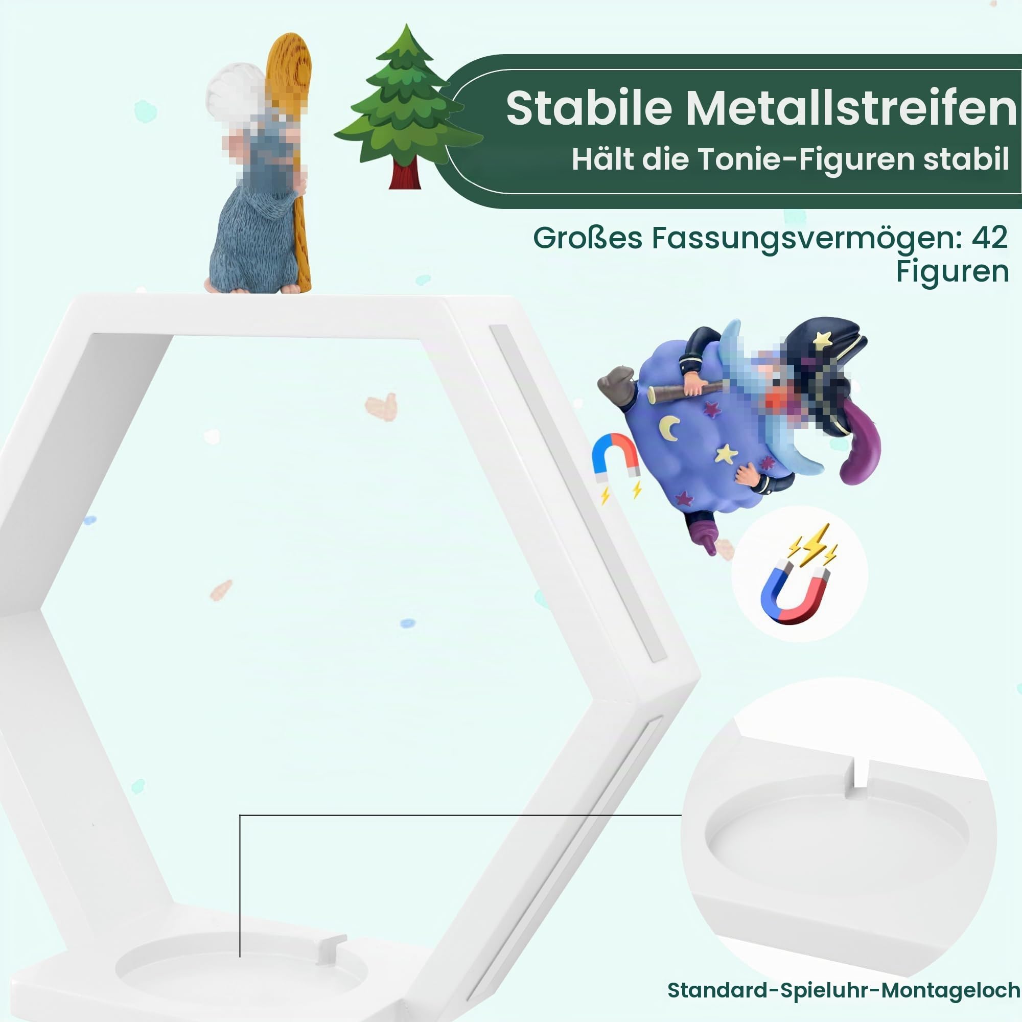 Sechseckiges Magnet Toniebox Regal, Wandregale zum Aufbewahren und Präsentieren von Figuren, Kinderregal, Kinderzimmer, Wohnzimmer(Weiß)