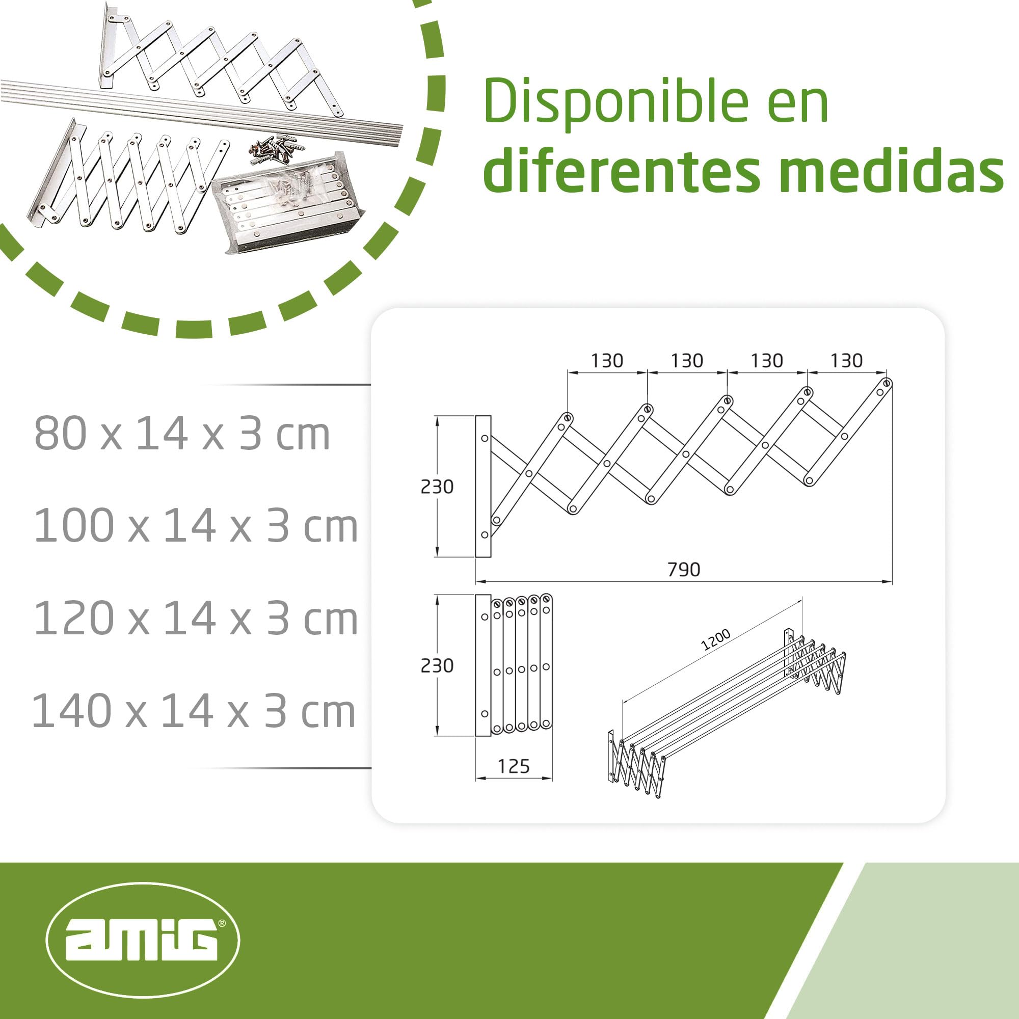 Amig - Tendedero Extensible de Pared Niza - Fabricado en Aluminio de Alta Resistencia - Acabado Inoxidable - Medidas: 120x14x3cm - Tenderete de Ropa Exterior Plegable