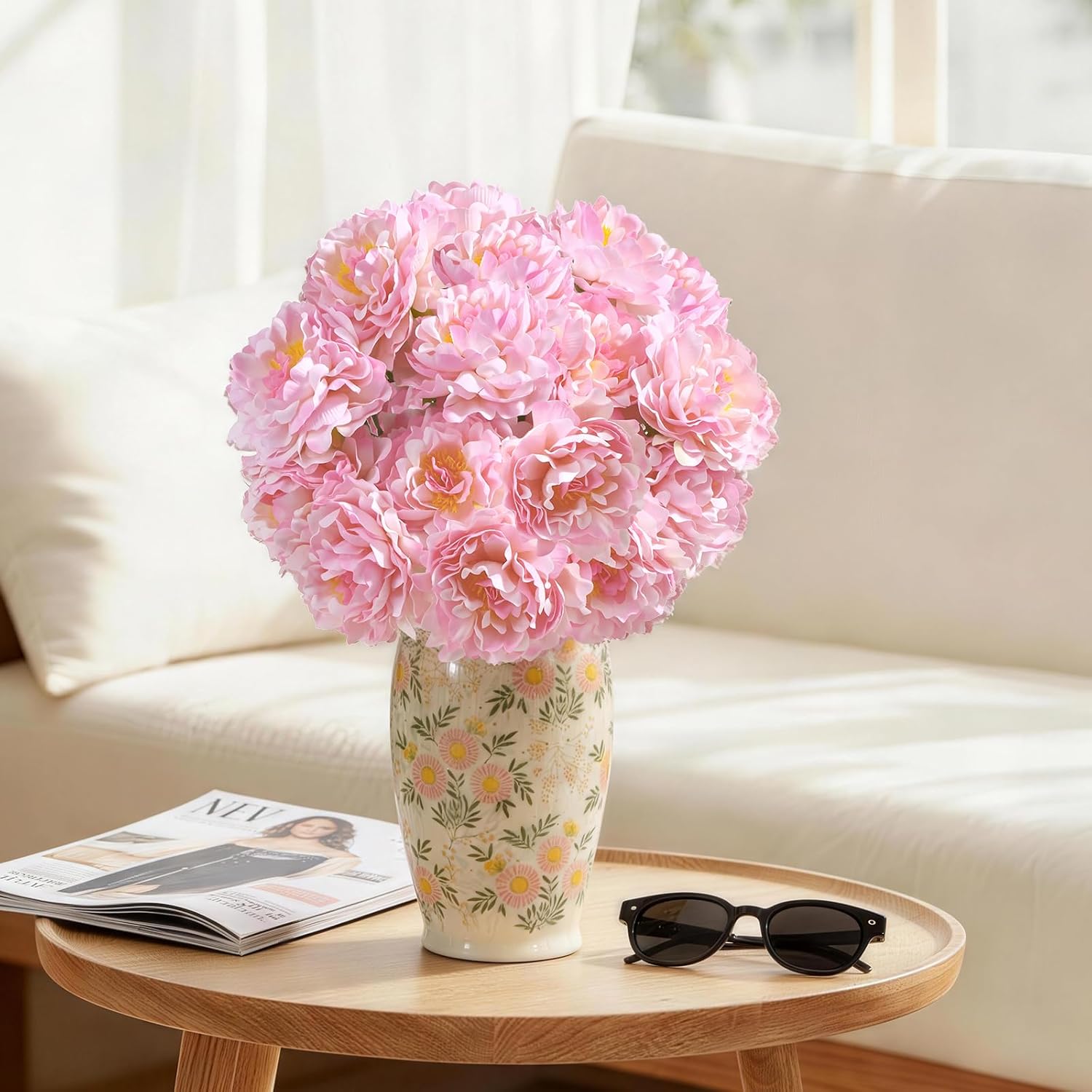 Peonies Artificial Flowers, 2 Bouquets of 7-Heads Silk Artificial Peonies with Flexible Stems, Faux Peonies for Home & Wedding Decor, Table Centerpieces, Floral Arrangement (Blush Pink)