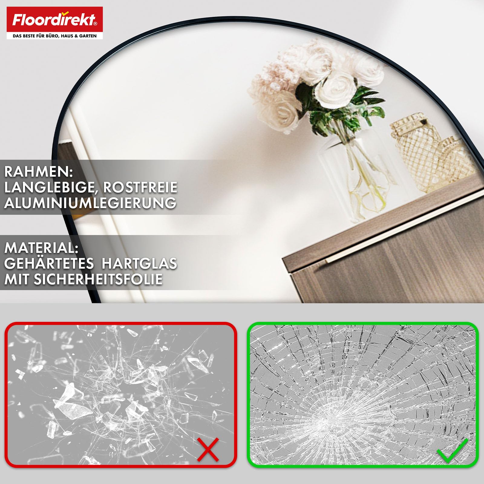 Floordirekt Ganzkörperspiegel, 161 x 52 cm, gewölbter Standspiegel, Rahmen aus Aluminiumlegierung, Hartglas, für Schlafzimmer, Wohnzimmer, Garderobe, schwarz Madison