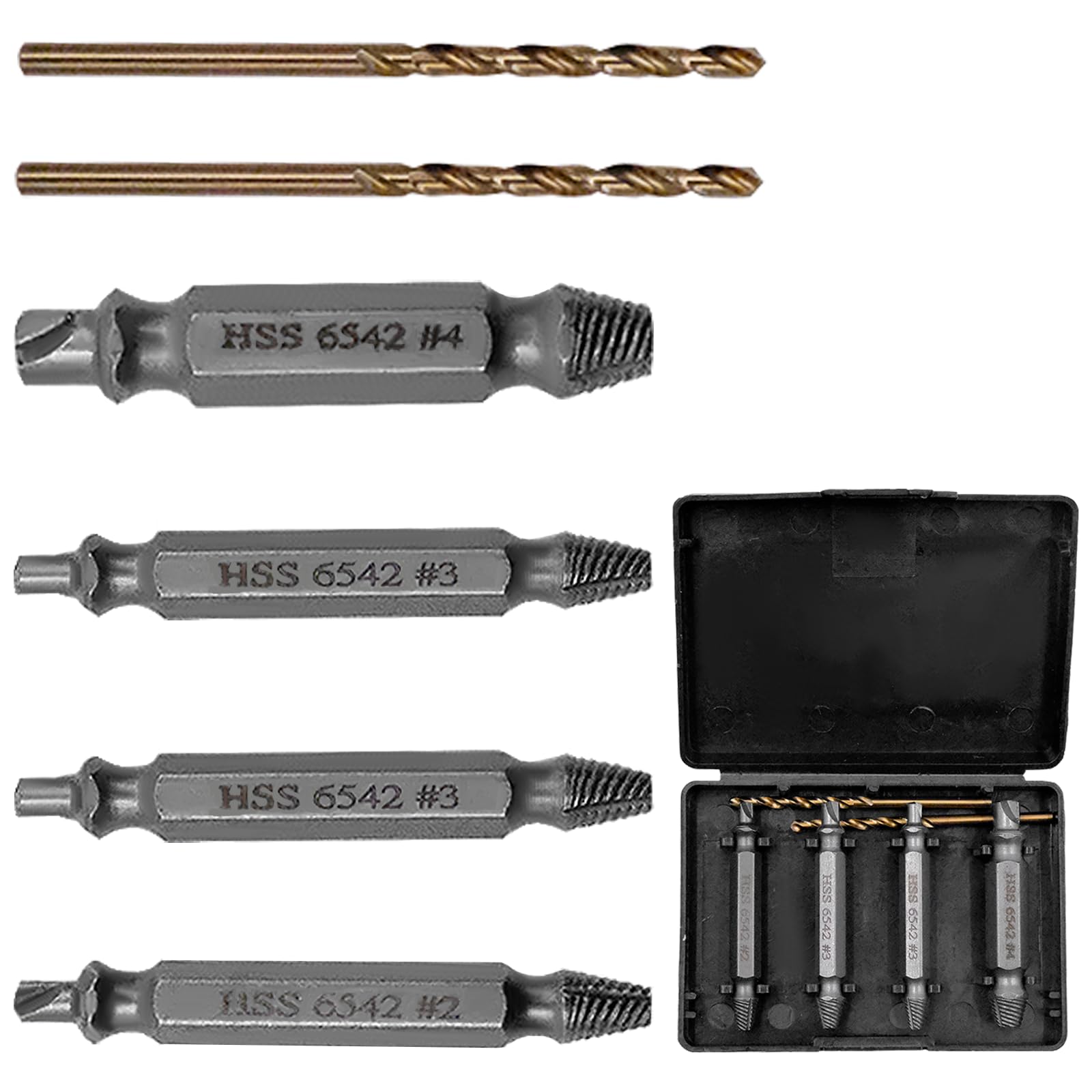 4 PCS Damaged Screw Extractor Set SKU01243 Screw Extractor with 2 Twist Drill Bit for Stripped, Rusted, and Stubborn Screws