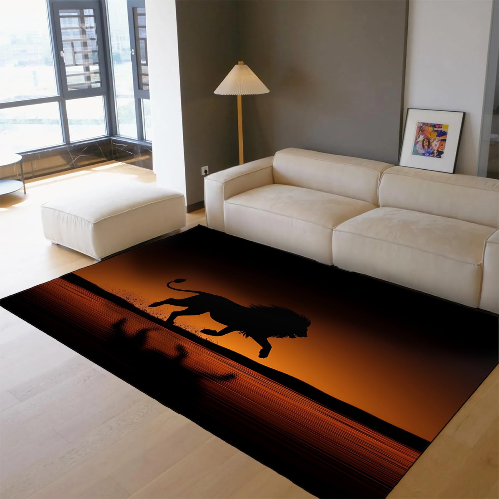Tapis lion faune africaine 90x180cm antidérapant et facile à laver en machine
