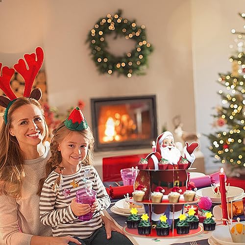 Miniatura 5 de Soporte de 3 niveles para cupcakes de Navidad, Papá Noel, soporte para tartas de Navidad, fiesta de Navidad, cupcake rojo, postre, soporte para