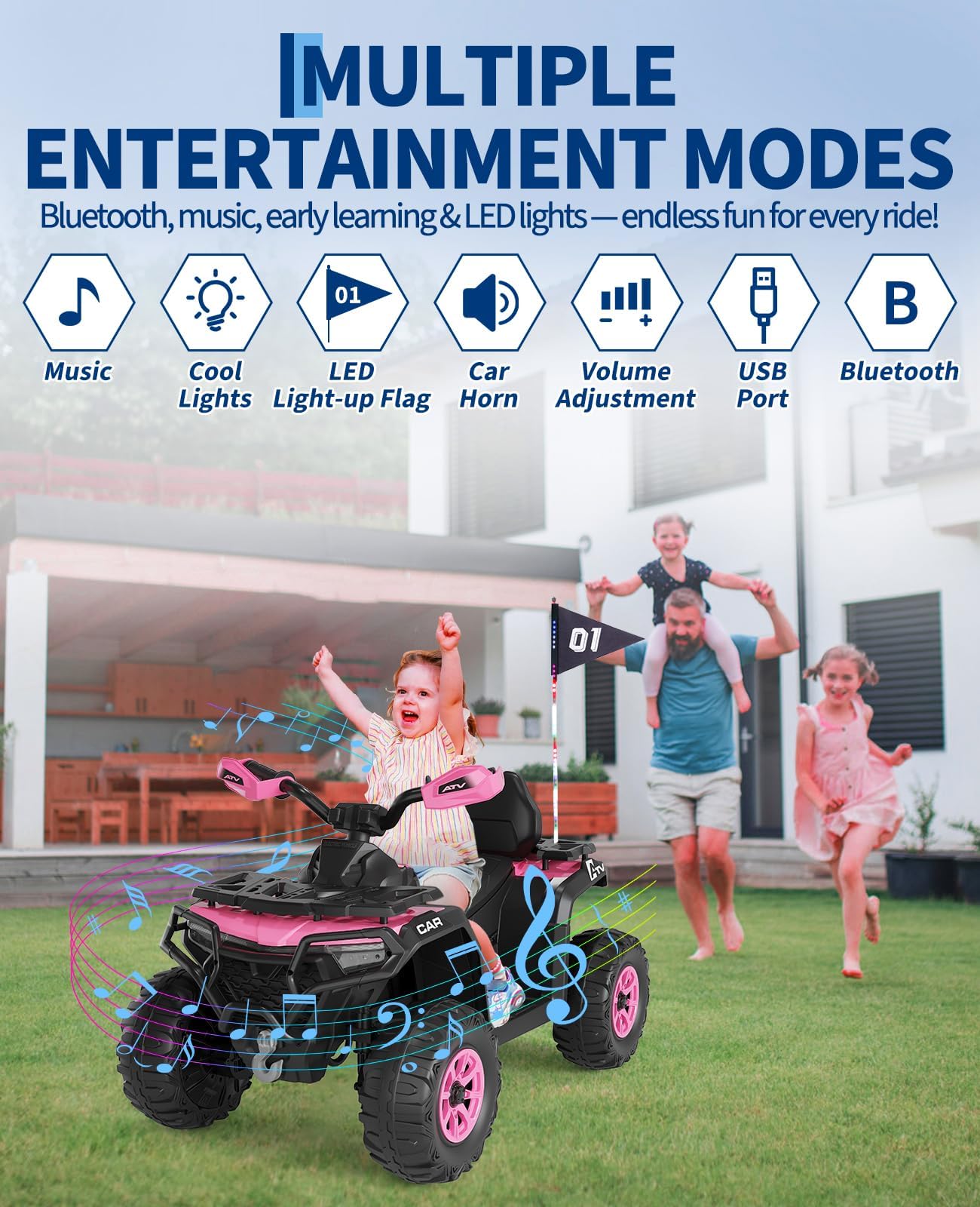 Zstar Quad électrique Enfant 12V – 2 Moteurs, Suspension, télécommande parentale, 4 Roues Tout-Terrain, LED, Musique sans Fil/USB, Drapeau Lumineux, Batterie Rechargeable – Voiture Jouet pour Filles