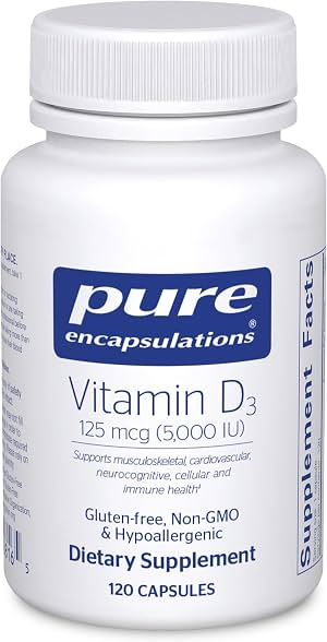 Cápsulas de vitamina D3 125 mcg (5,000 UI) Pure Encapsulations, 120 cápsulas | Suplemento para apoyar la salud ósea, articular, mamaria, cardíaca, de colon e inmune*, con vitamina D