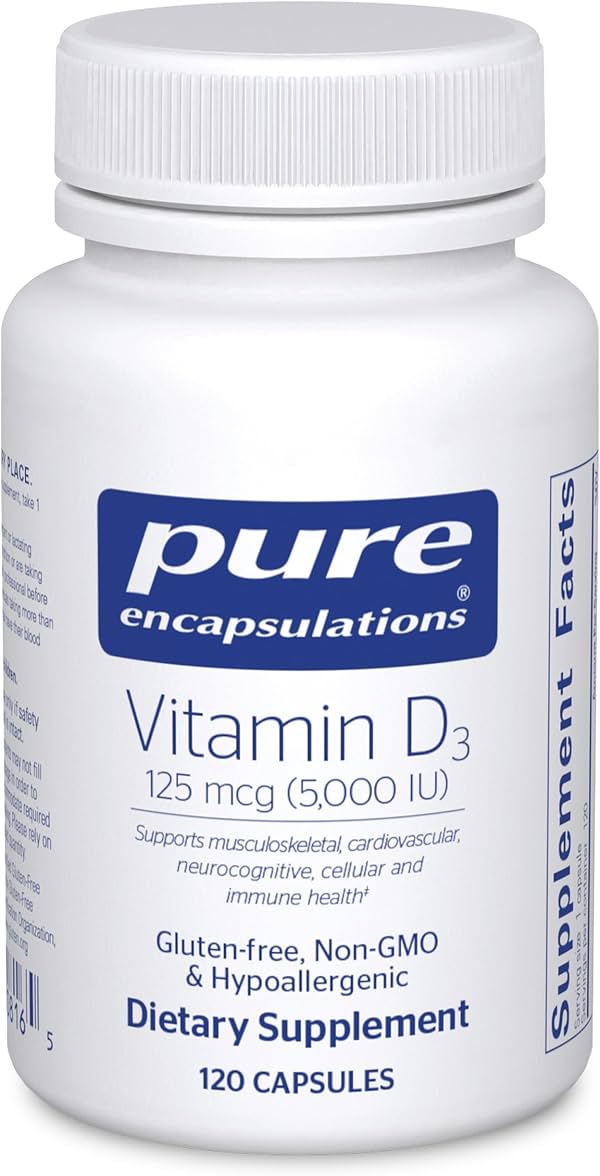 Cápsulas de vitamina D3 125 mcg (5,000 UI) Pure Encapsulations, 120 cápsulas | Suplemento para apoyar la salud ósea, articular, mamaria, cardíaca, de colon e inmune*, con vitamina D