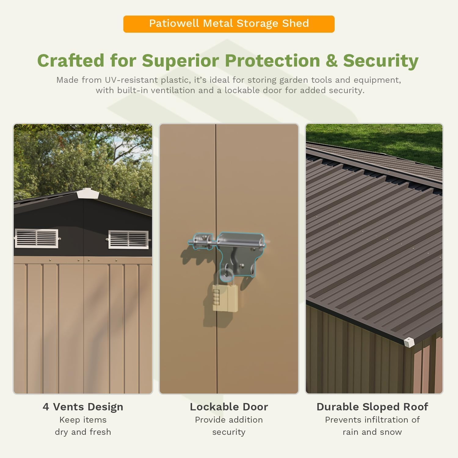 Images showing the shed's 4 vents design, lockable door mechanism, and durable sloped roof.