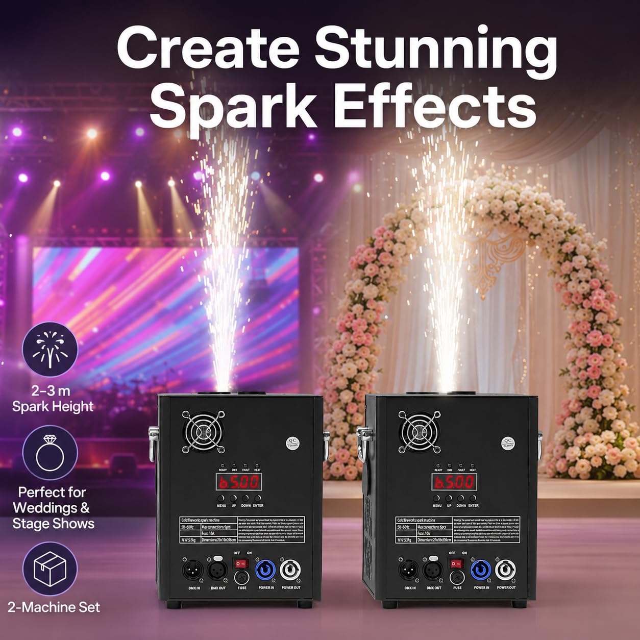 Pyrotechnikmaschine 2er Set mit Flightcase, 750W Kaltfeuerwerk Funkenmaschine DMX512 & Fernbedienung, Höhenverstellbare Bühnenmaschine für Hochzeit Party DJ Konzert, Schwarz