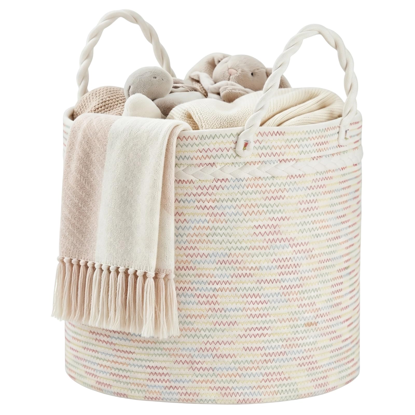 Large Storage Basket 40 x 40 cm, Braided Cotton Rope Laundry Basket with Braided Handles, Round Laundry Hamper & Blanket Basket for Blankets, Cushions & Toys, Living Room, Rainbow Pastel Colourful