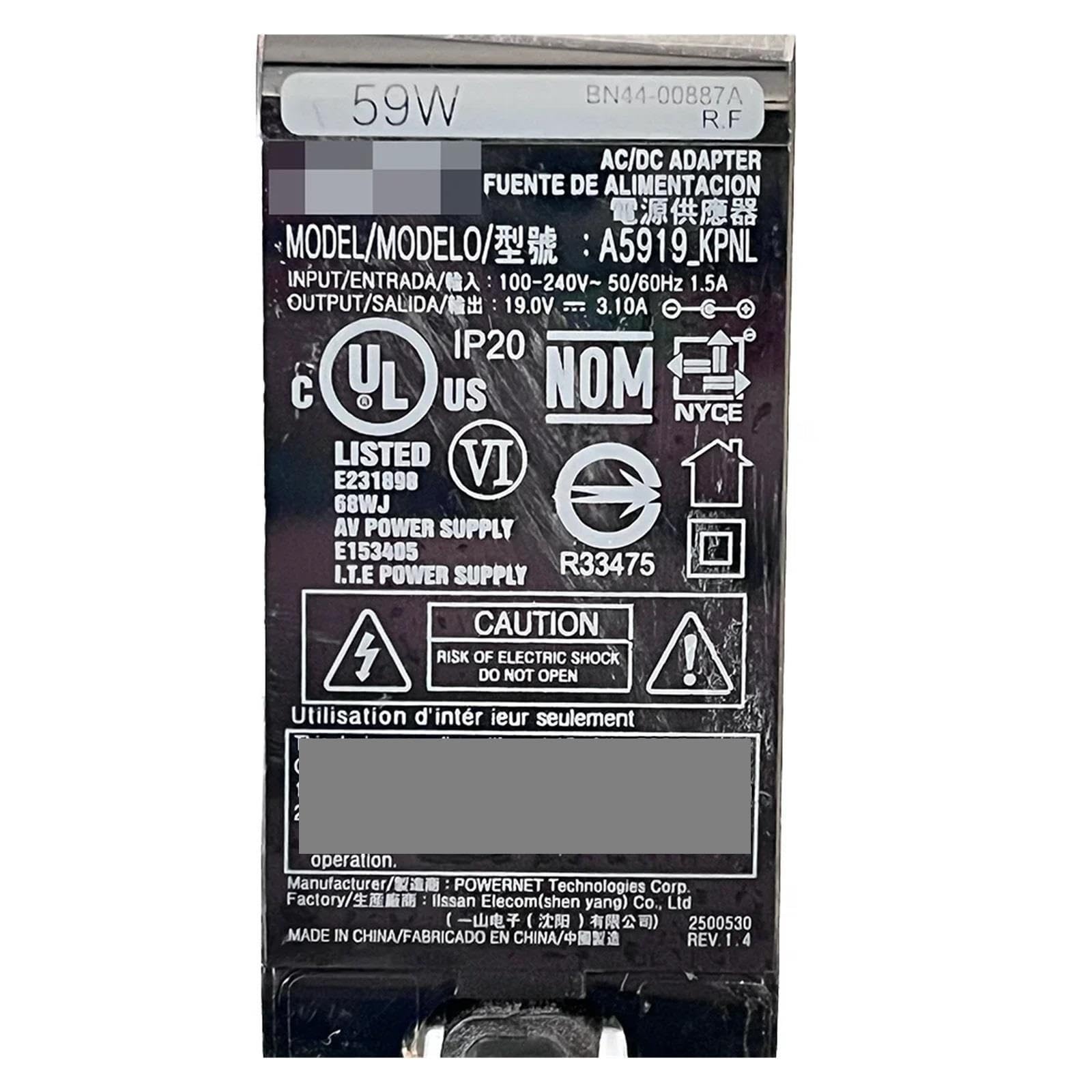 Caricabatterie adattatore CA/CC for monitor TV Line BN44-00887A A5919_KPNL 59 W 19 V 3,1 A Adatto a S27R750QEN S32R750UEN S34J550WQN S34J552WQN Gruppo cavi