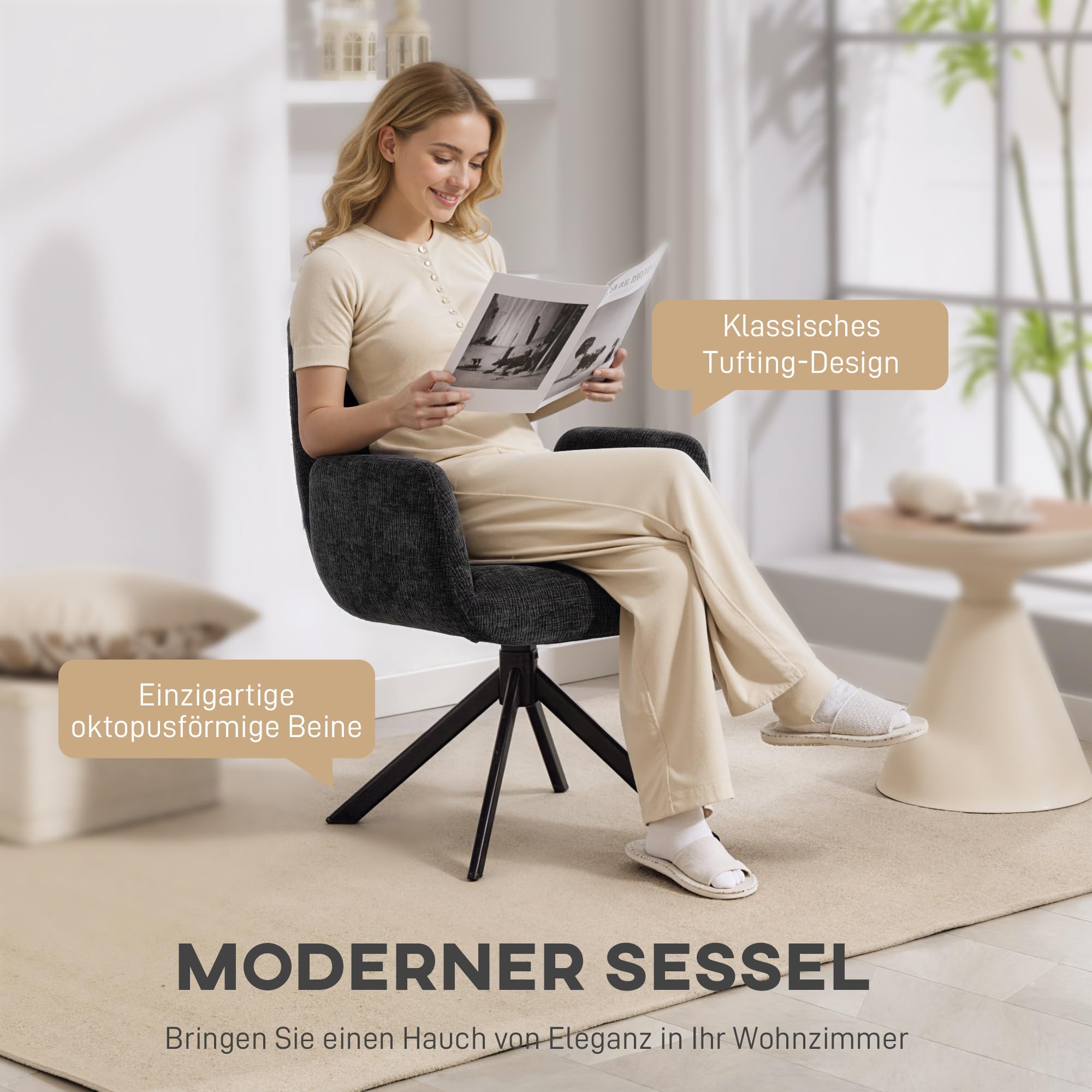 HOMCOM Sessel Drehbar Loungesessel mit Armlehne, Wolle-Leinenoptik, modern Polsterstuhl mit Knopfheftung, Stahlbeine, für Wohnzimmer, Schlafzimmer, Schwarz