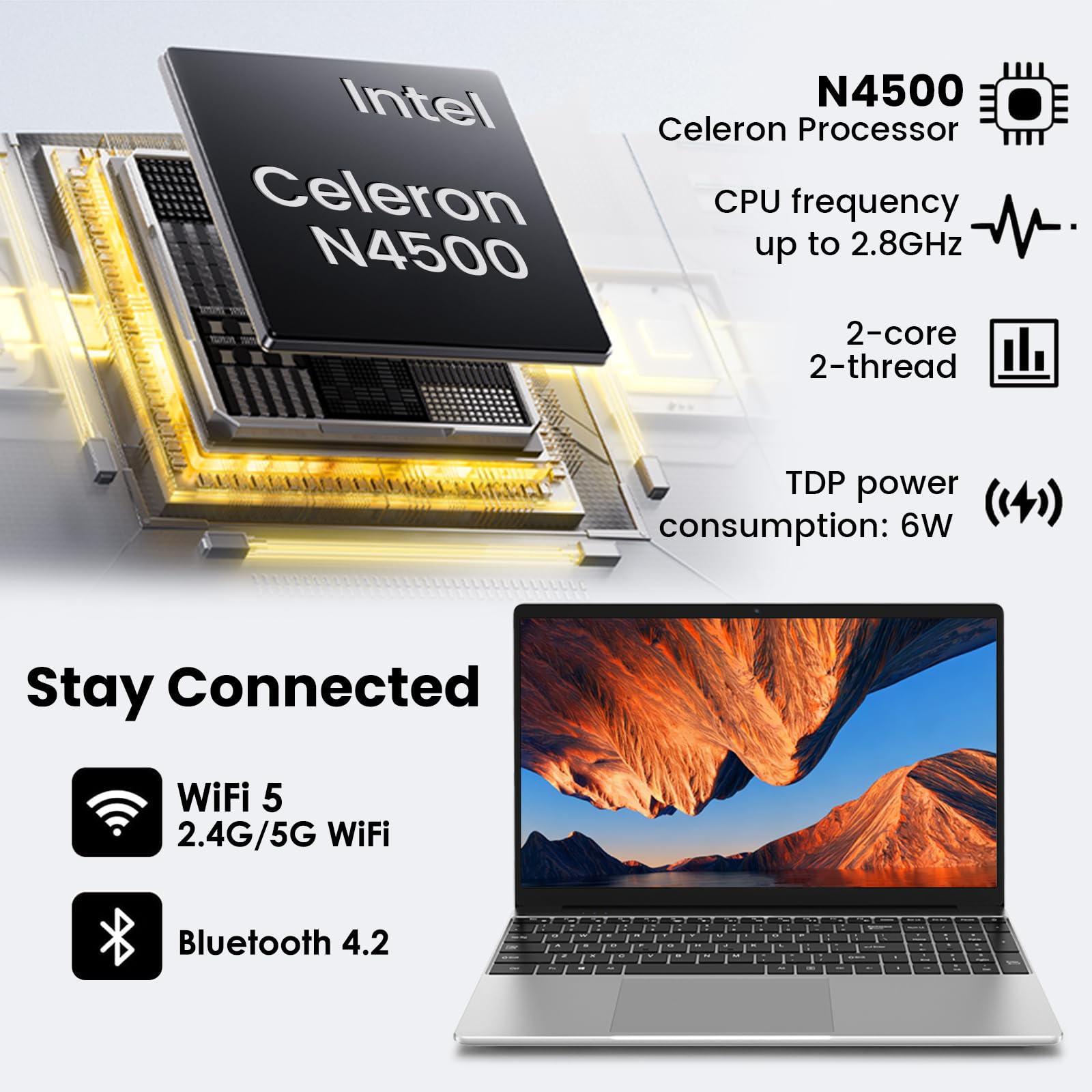Kayoote 15,6" Ordenador Portátil FHD IPS con procesador Celeron N4500, 6GB RAM 256GB SSD, Win 11 Pro PC Portátil con Webcan, Laptop 2*USB3.0, HDMI, Wi-FI5, BT4.2, 4000mAh Battery — view 3