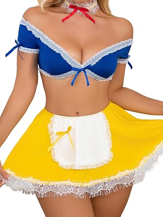 Aranmei Sexy Lingerie for Women Maid Costume Set with Mini Skirt and Choker Cosplay Lingerie Set 4 Piece