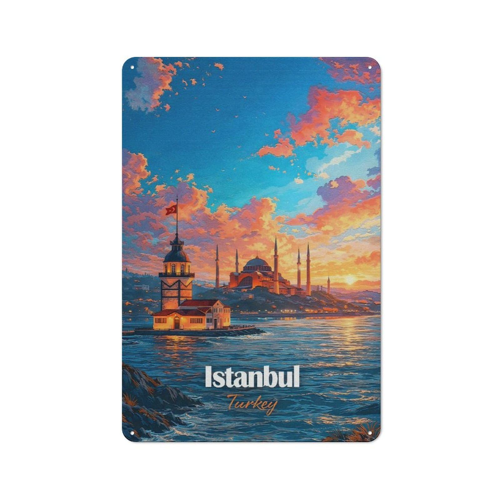 Junmoney Style-3 Istanbul Cityscape At Sunset Everyday Metal Wall Decor 30X20cm, Decorative Tin Plaque For Flat, Dorm Room, Lounge Or Cafe