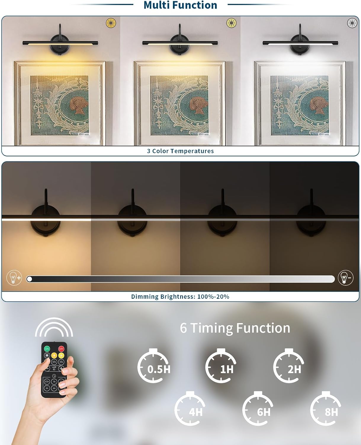 JOOSENLUX Modern Wall Lights Battery Operated Black Wireless Picture Lights for Wall 16.5" Inch Dimmable Under Counter Lights for Kitchen with Swing Arm as Canvas Wall Sconce Light 3000K CRI95+