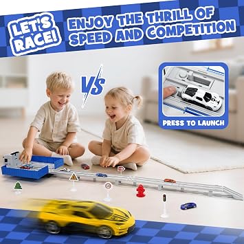 Transporter Truck Cars Toys for Boys 3 4 5 6 Years Old, Aoskie Double-Layer Foldable Race Track Truck with 8 Alloy Pull Back Cars, Hot Gift for Kids Car Lover (Blue)