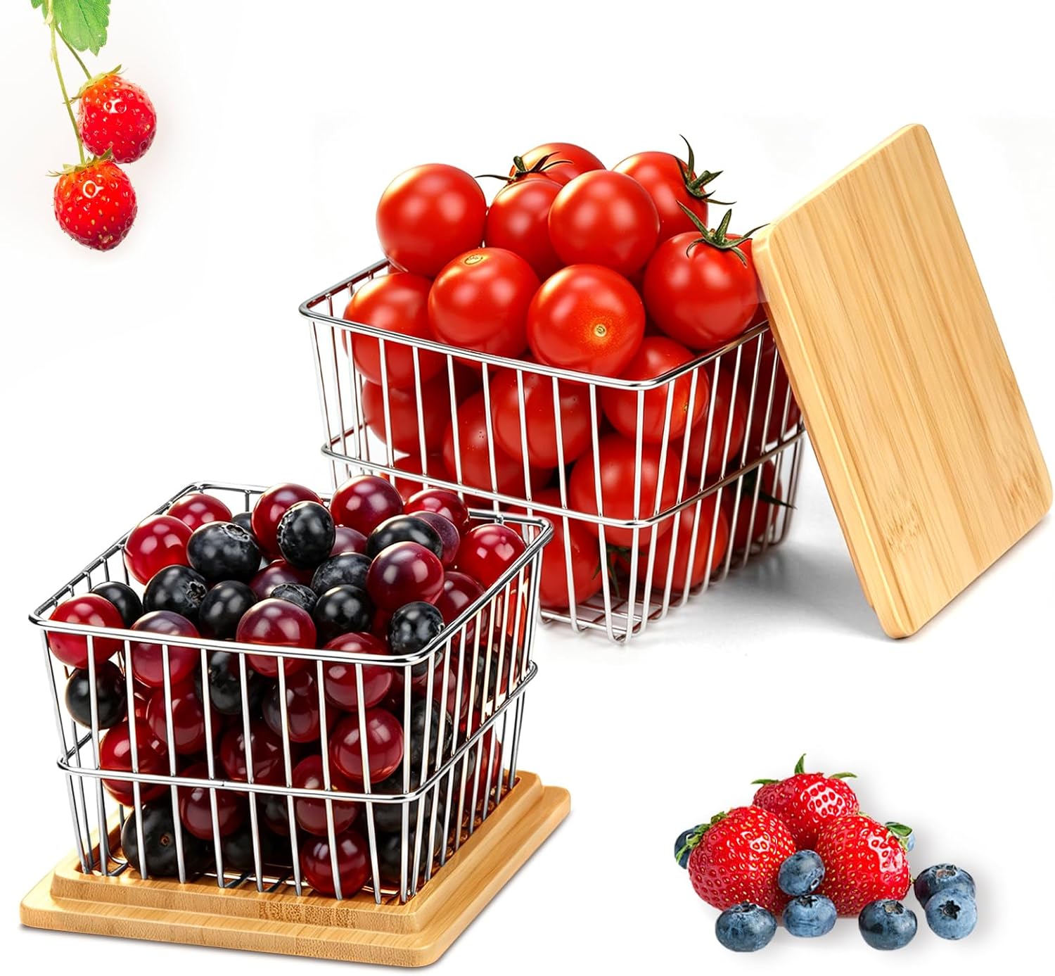 2 PCS Berry Basket with Lid 4 Inch Berry Bowls with Bamboo Coasters Metal Berry Colander Square Fruit Bowls Fruit Storage Containers Fruit Saver for Refrigerator Strawberry Grape Cherry Berries Use