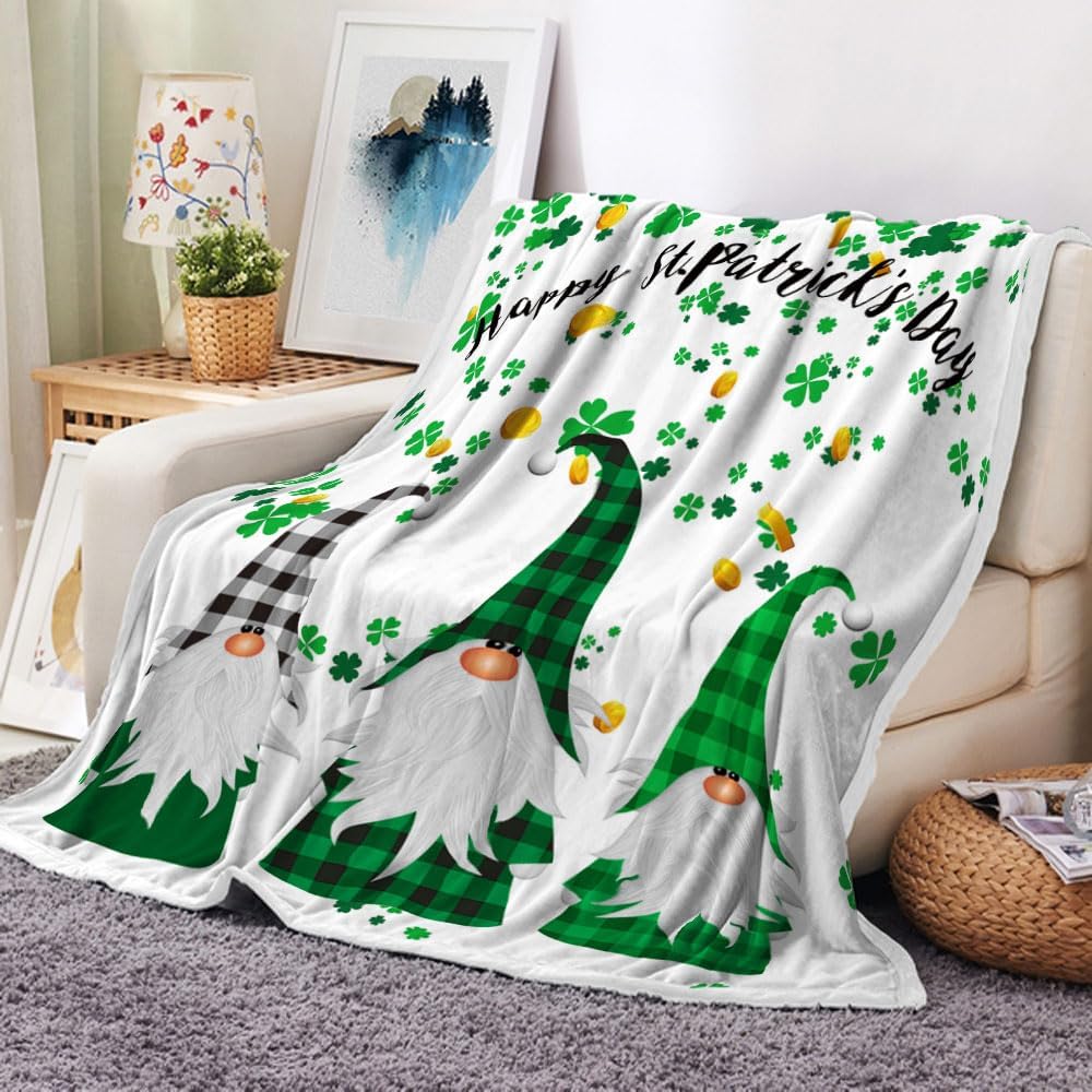 MERCHR St Patrick's Day Gnome Throw Blanket, Green Clover Leaves Shamrock Blankets and Throws, Super Soft Warm Cozy Flannel Blankets for Bed Couch Sofa, 60x80 Inches